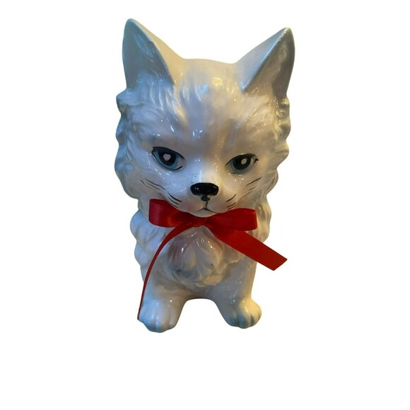 Vintage MCM White Ceramic Cat Planter With Red Ribbon Bow - Picture 1 of 6